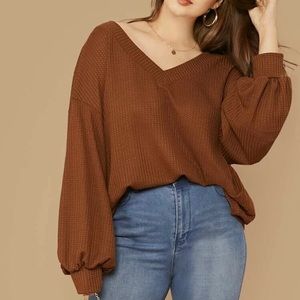 Plus Drop Shoulder Lantern Sleeve Waffle Knit Top